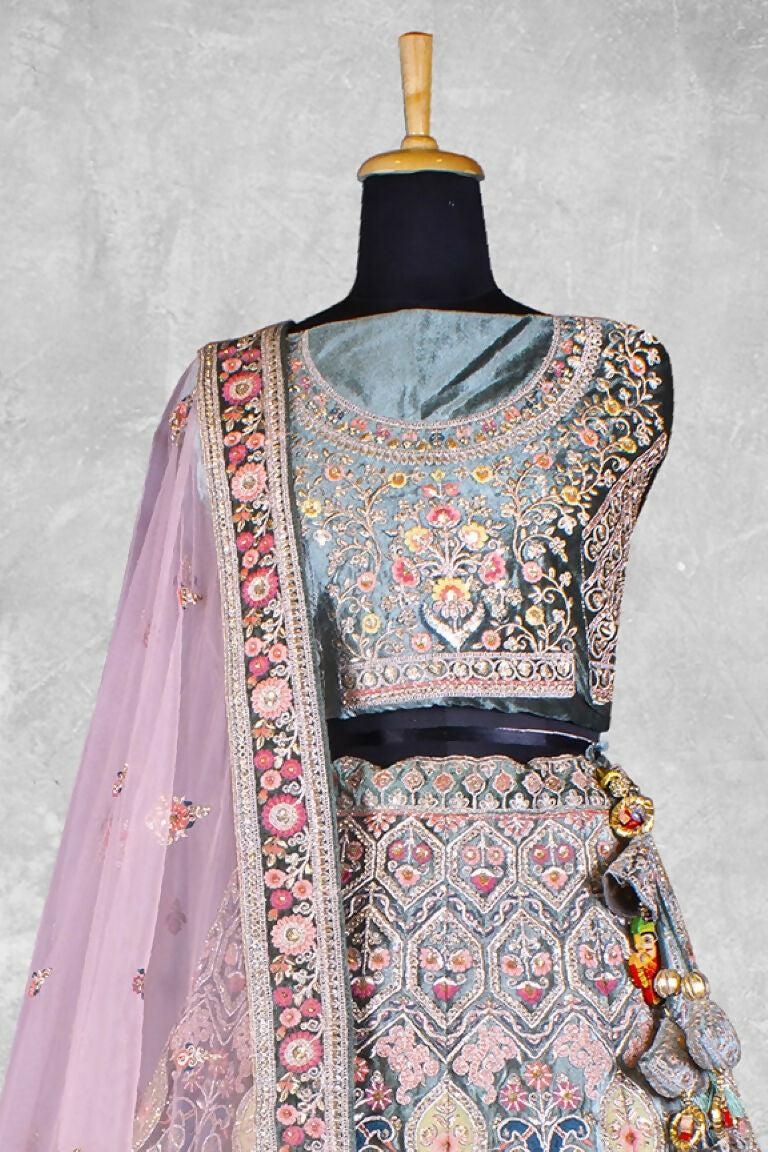 Blue & Pink Velvet Hand Work Semi Stitched Lehenga Choli with Dupatta - Nimaya Lagnotsav