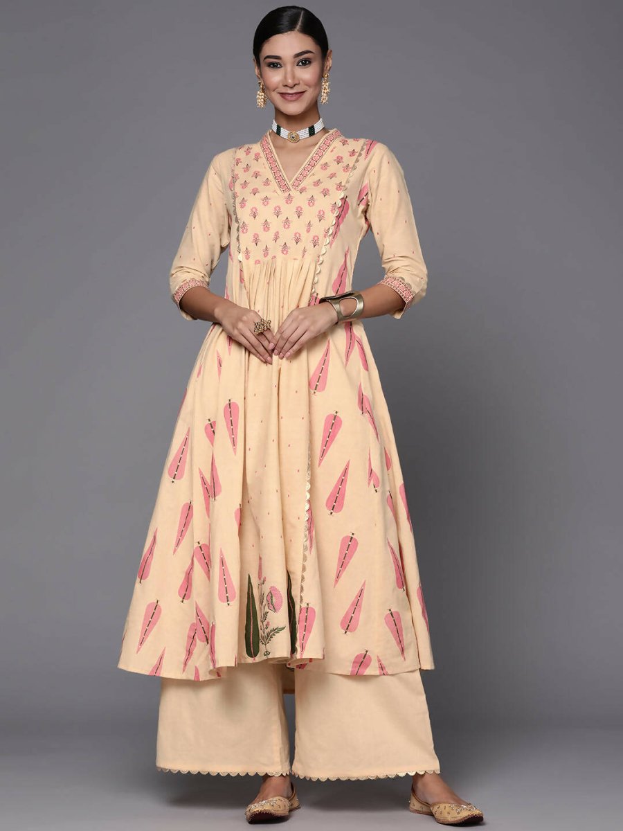Ahalyaa Women Cream-Coloured & Pink Floral Print Pure Cotton Anarkali Kurta with Palazzos - Distacart