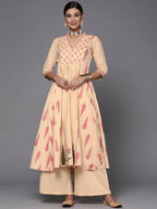 Ahalyaa Women Cream-Coloured & Pink Floral Print Pure Cotton Anarkali Kurta with Palazzos - Distacart