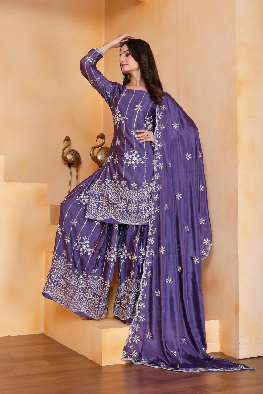 Teeya Creation Lavender Color Chinon Silk Wedding Wear Trending Palazzo Set - Distacart
