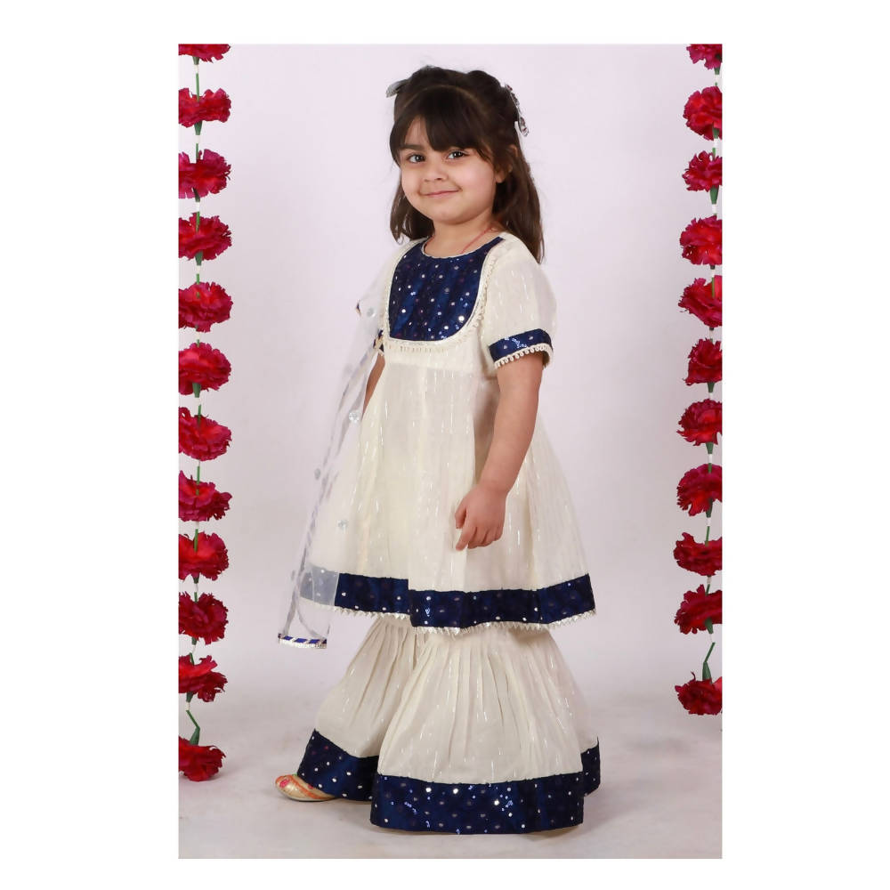 Little Bansi Girls Cream & Indigo Mirror work Kurta Frock with Sharara & Dupatta