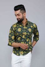Miravan Men's Cotton Printed Full Sleeve Slim Fit Spread Neck Green Shirt