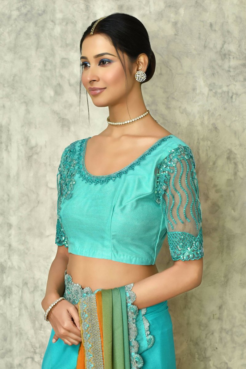 Aqua Blue Silk Plain Saree with Blouse Piece - Purvi