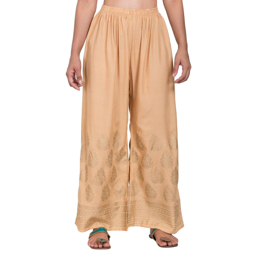 PAVONINE Beige Color Golden Printed Rayon Fabric Sharara For Women & Girls - Distacart