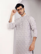 Light Grey Viscose Woven Jacquard Work Men's Kurta - Mahotsav