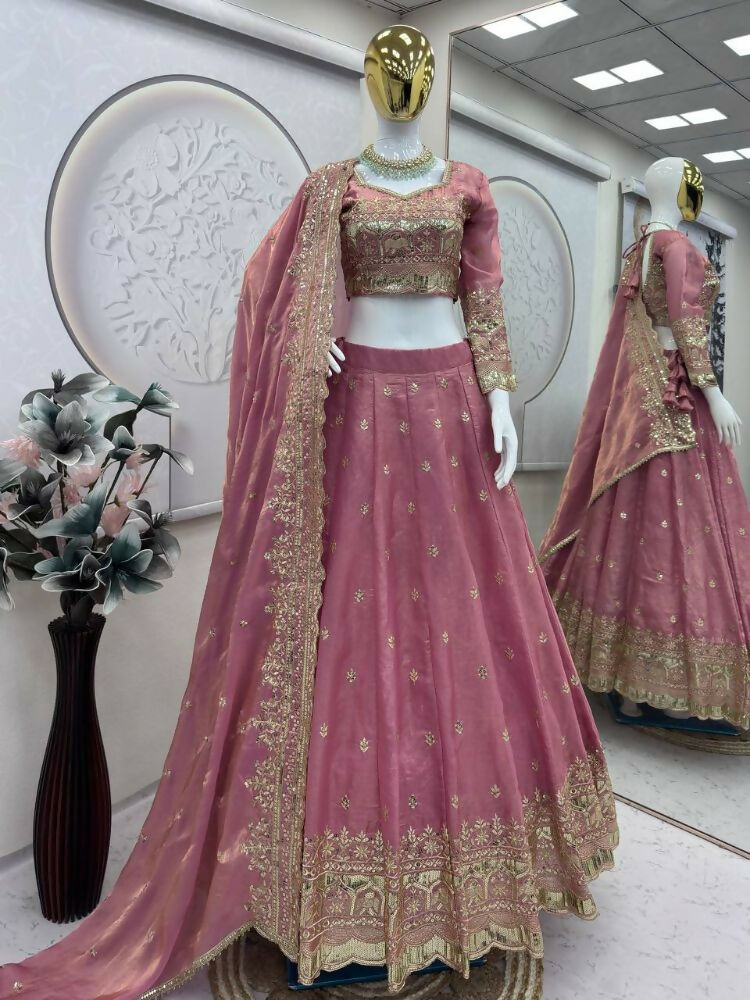 Teeya Creation Pink Color Fendy Satin Heavy Embroidery Work Wedding Wear Stitched Lehenga Choli - Distacart