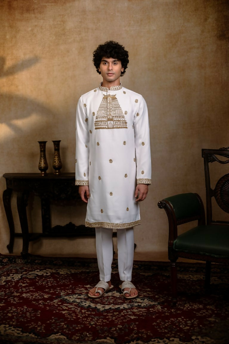 Falling Raw Silk White Devalaya Kurta By Hilo Design
