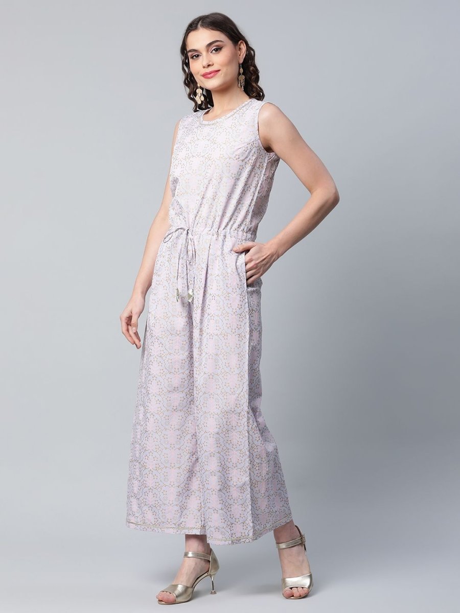 Ahalyaa Womens Blue Crepe Gold Printed Jumpsuit