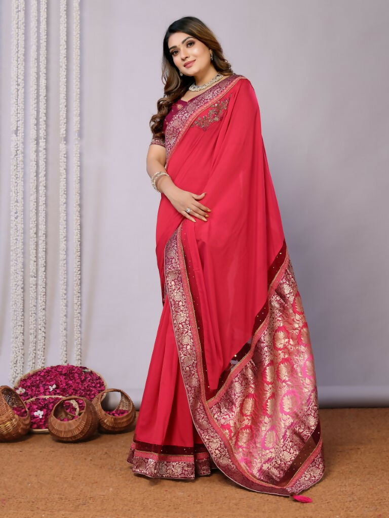 Pink Dual Tone Silk Georgette Thread Zari And Cord Embroidery Handwork Butta Saree - Norita Saumya