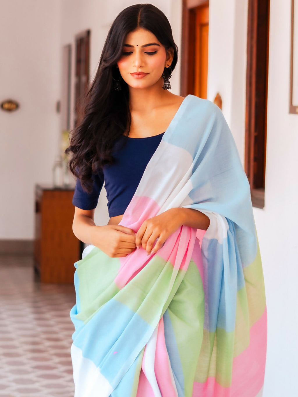 Zibaa Hand-Dyed Mul Cotton Multi-color Saree with Tassels - Distacart