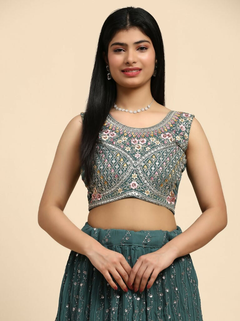 Green Georgette Embroidered Lehenga choli with Dupatta - Dhara