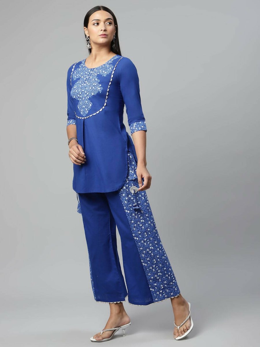 Ahalyaa Womens Royal Blue Pure Cotton Printed Tunic Palazzo Set - Distacart