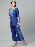 Ahalyaa Womens Royal Blue Pure Cotton Printed Tunic Palazzo Set - Distacart