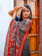 Zibaa Hand-Blocked Pure Maheshwari Silk Navy Blue Saree - Distacart