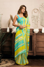Joban Fashion Yellow Striped (Leheriya) Linen Ready To Wear Saree With Unstitched Blouse - Distacart