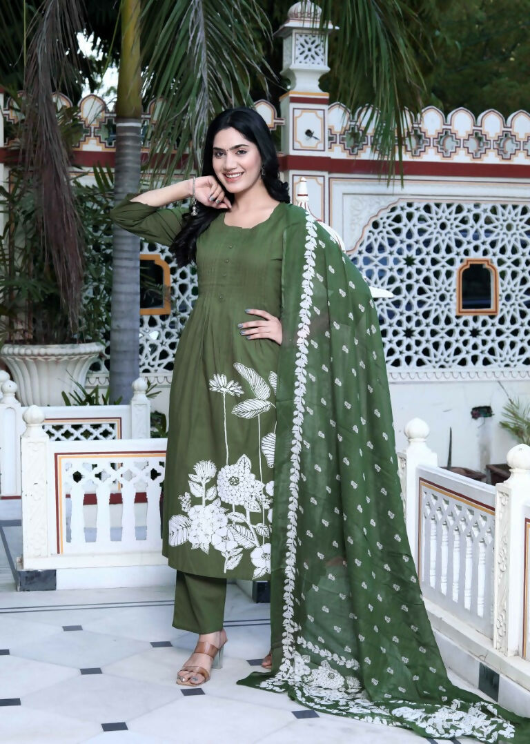 Miravan Women's Mehandi Pintucks Floral Pattern Cotton Straight Kurta with Palazzo And Floral Dupatta Set