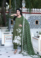 Miravan Women's Mehandi Pintucks Floral Pattern Cotton Straight Kurta with Palazzo And Floral Dupatta Set