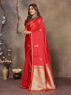 Joban Fashion Red Floral & Botanical Motifs Satin Silk Banarasi Silk Saree - Distacart