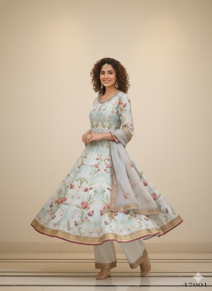 Functional Designer Sky Jam Silk Anarkali suit with Dupatta-Anbazaar - Distacart