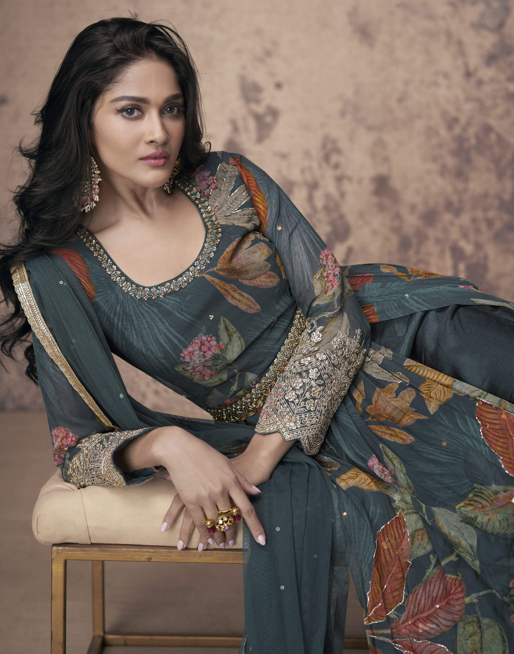 Vastranavya Georgette Digital Print With Sequence Embroidery Stitch Work Side Slit Abaya Style Suit