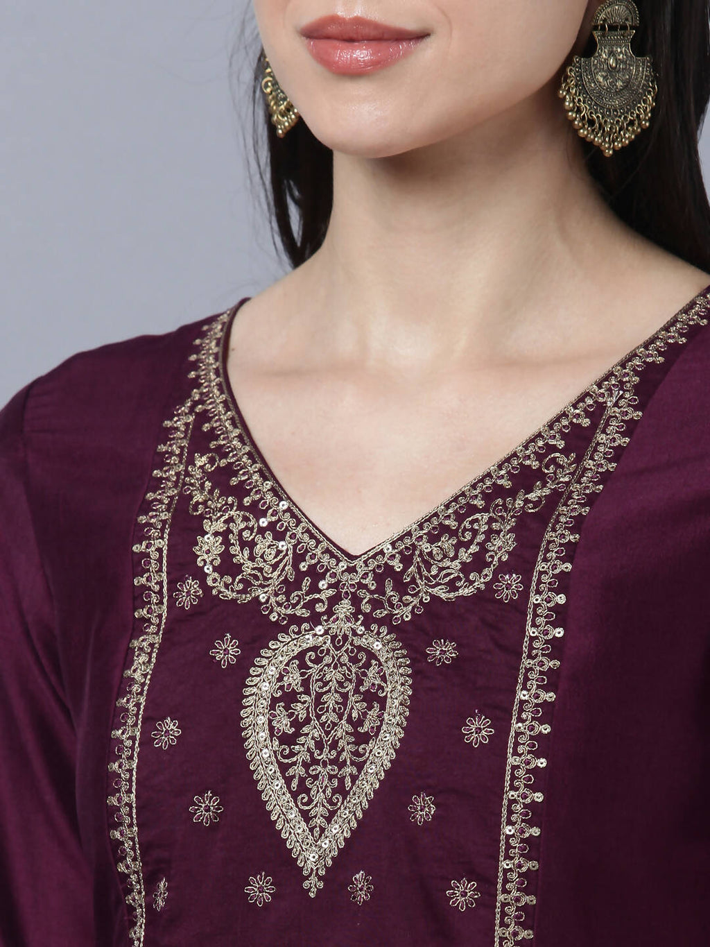 Myshka Stylish Maroon 3/4 Sleeve Women's Kurta Pant with Dupatta Set - Distacart