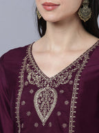 Myshka Stylish Maroon 3/4 Sleeve Women's Kurta Pant with Dupatta Set - Distacart