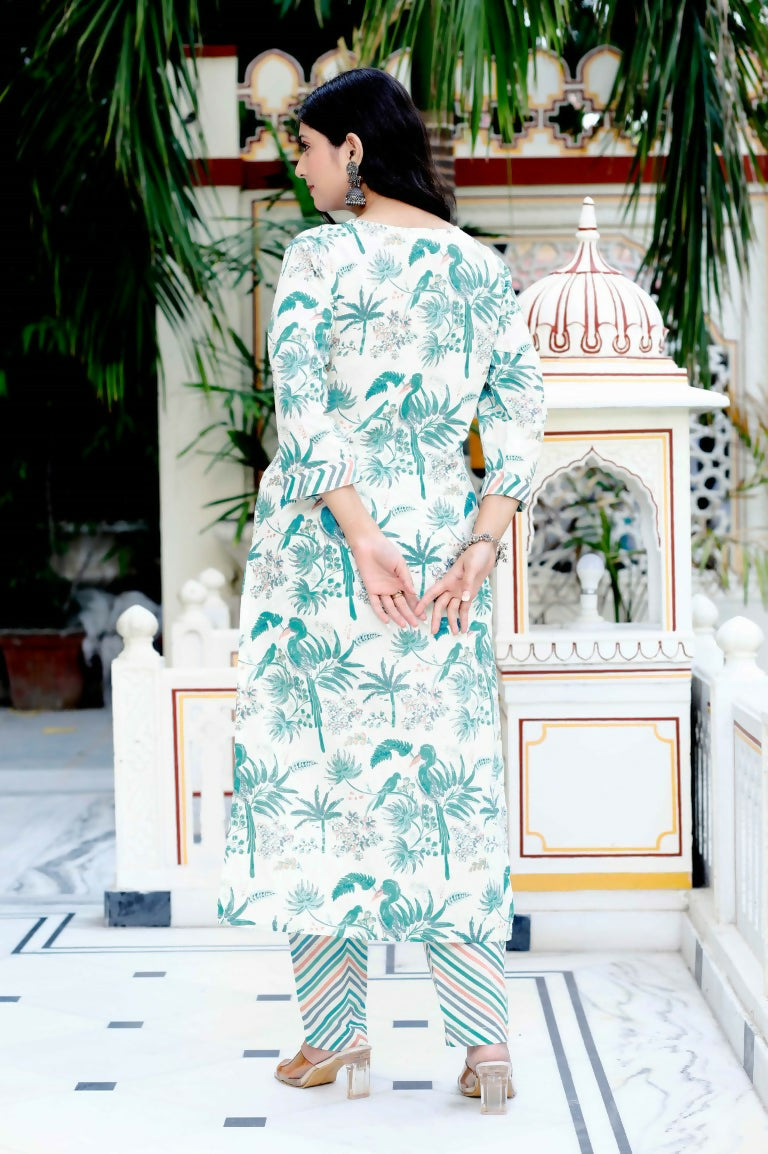 Miravan Women's Light Green Scenic Birds And Leaf Straight Pakistani Style Kurta And Palazzo