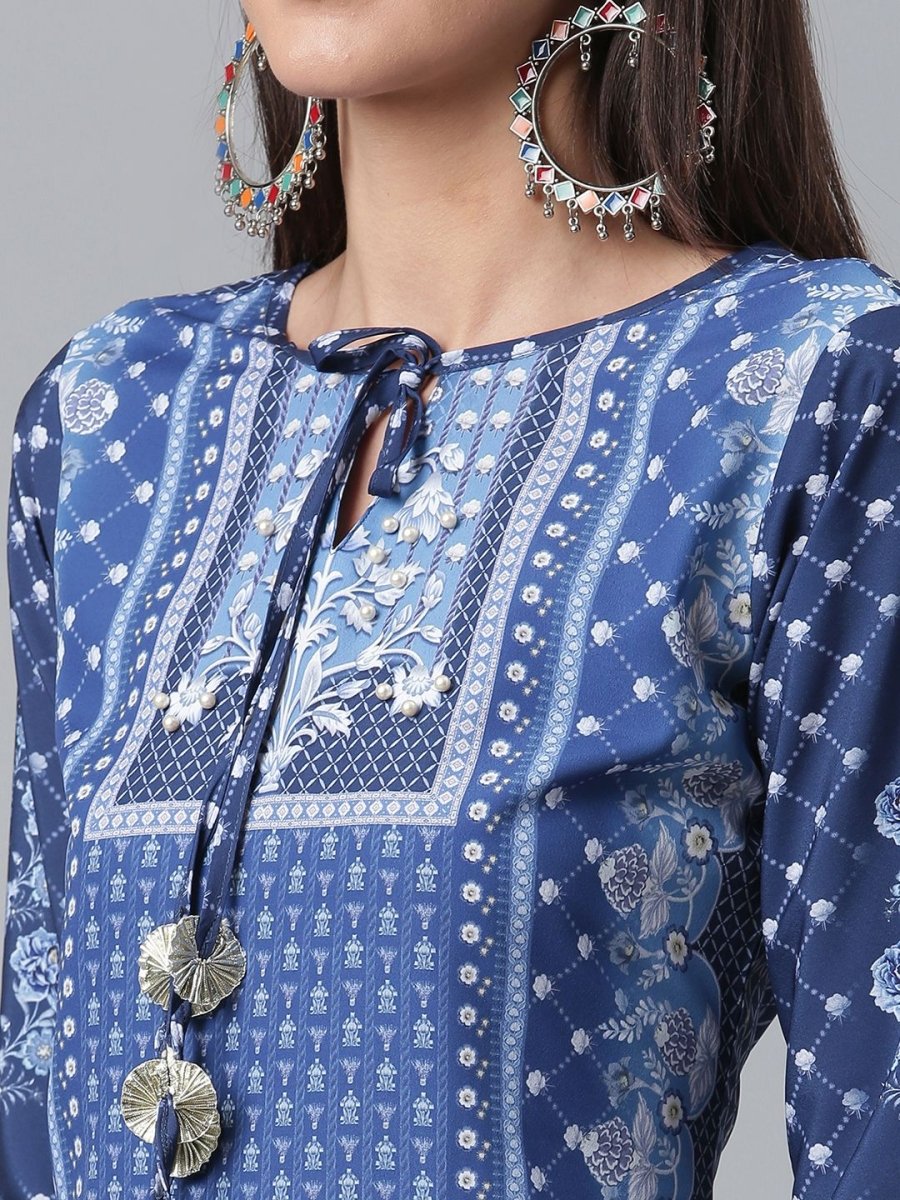 Ahalyaa Women Navy Blue Crepe Floral Print kurta With Palazzo
