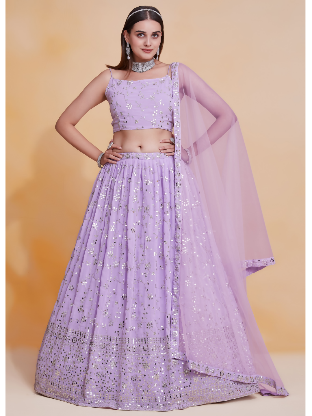 Lavender Georgette Zari,Sequence Embroidery Work Lehenga Choli - Jihu Culture