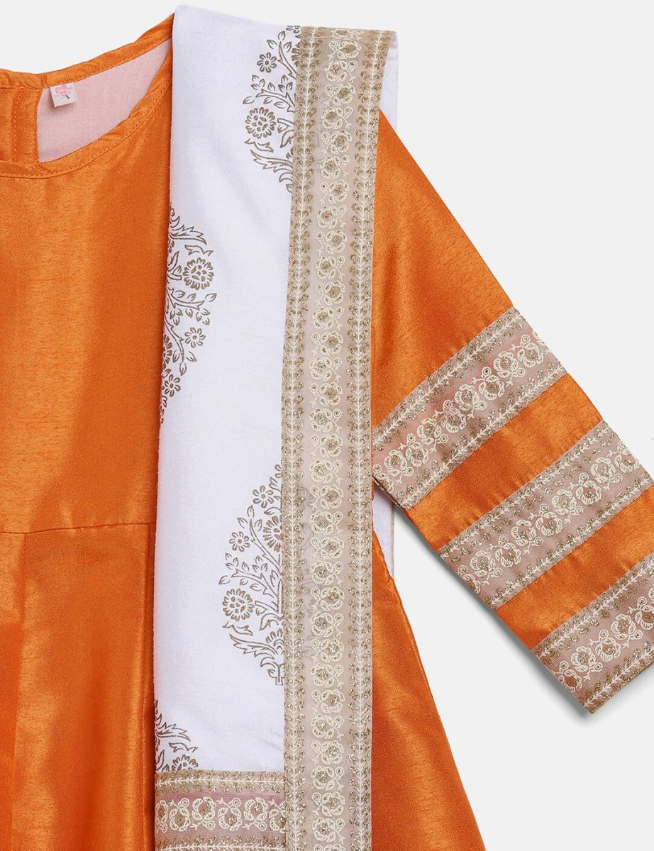 Ahalyaa Orange Poly Silk Anarkali Kids Kurta With Dupatta Set For Girls