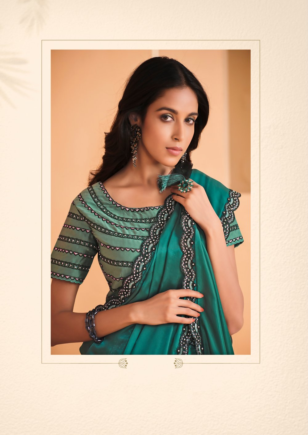 Sea Green Satin Crepe Silk Embroidery with Digital Sequence Work Saree - Norita Helly