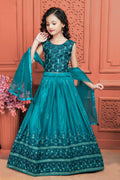 Kids Wedding Designer Teal Soft Chinon Silk Lehenga Choli - Aaradhna