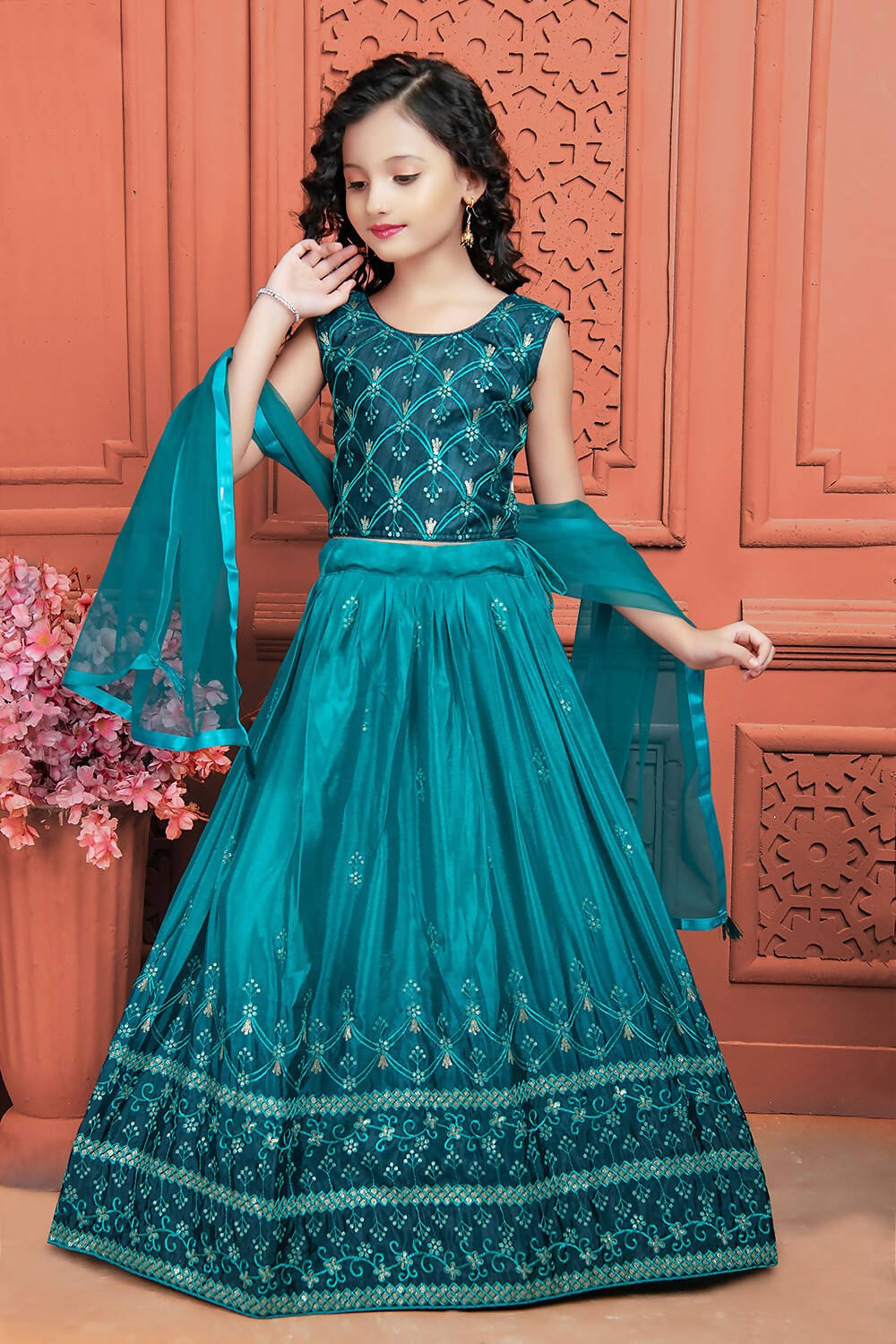 Kids Wedding Designer Teal Soft Chinon Silk Lehenga Choli - Aaradhna