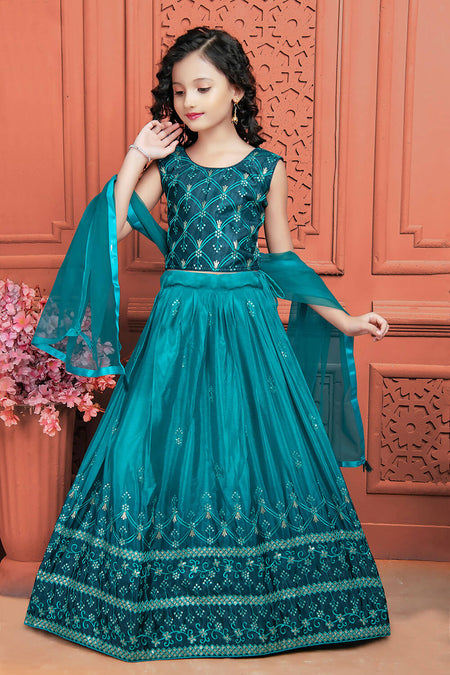 Kids Wedding Designer Teal Soft Chinon Silk Lehenga Choli - Aaradhna