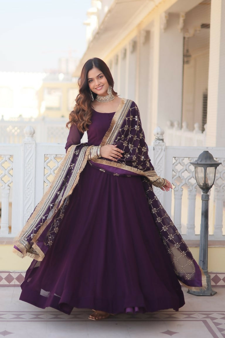 Jyoti Fashion Women's Wine Faux Blooming Sequins Zari Embroidered Anarkali Dress with Dupatta