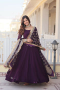 Jyoti Fashion Women's Wine Faux Blooming Sequins Zari Embroidered Anarkali Dress with Dupatta