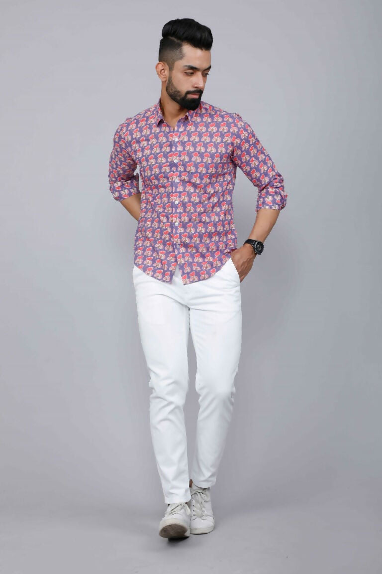 Miravan Men's Purple Floral Design Stylish Casual Cotton Shirt