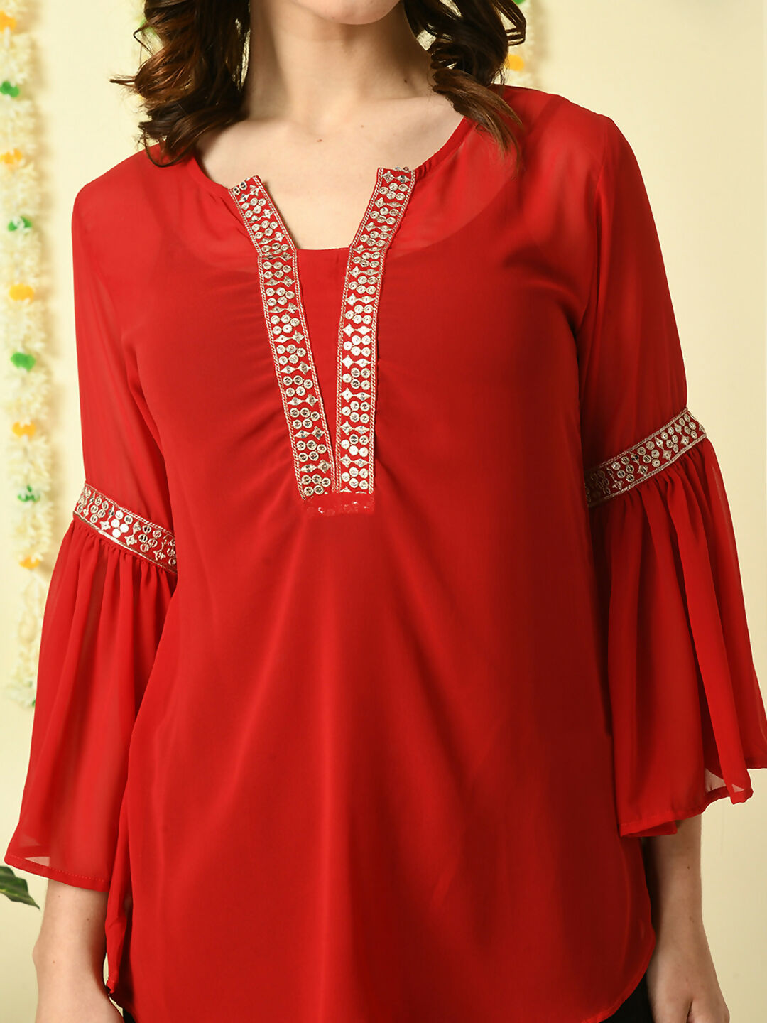 Myshka Women's Red Embroidered Party Fusion Top