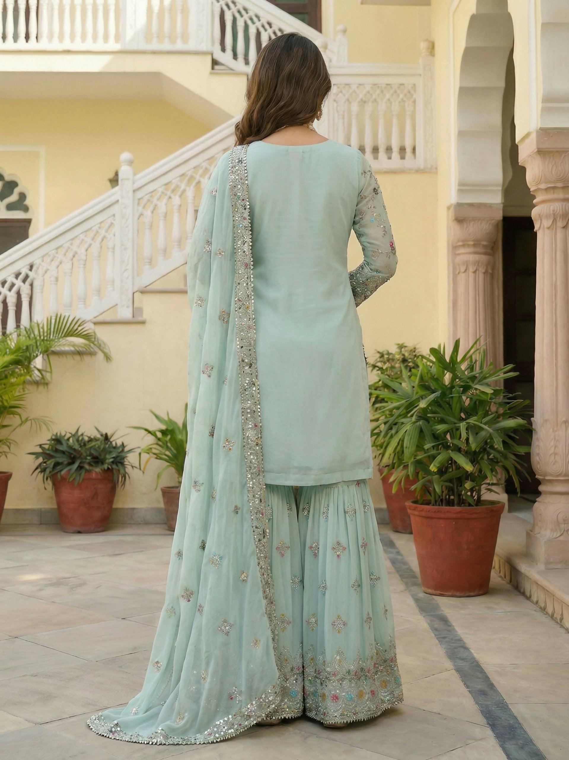 Teeya Creation Sky Faux Georgette Multi Thread Work Wedding Wear Sharara Set - Distacart