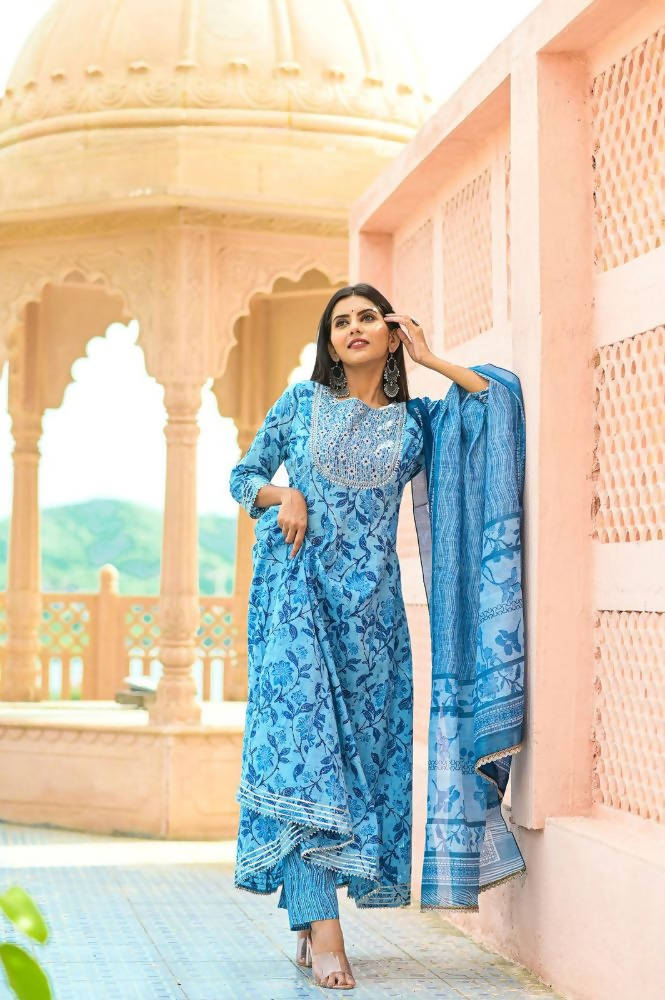 Yufta Women Blue Floral print Pure Cotton Anarkali Kurta with Trouser and Dupatta