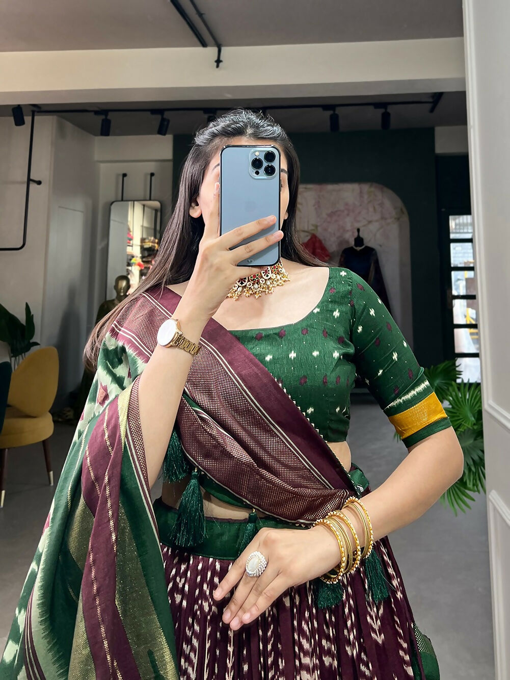 Vastranavya Traditional Printed Tusser Silk Lehenga Choli - Wine