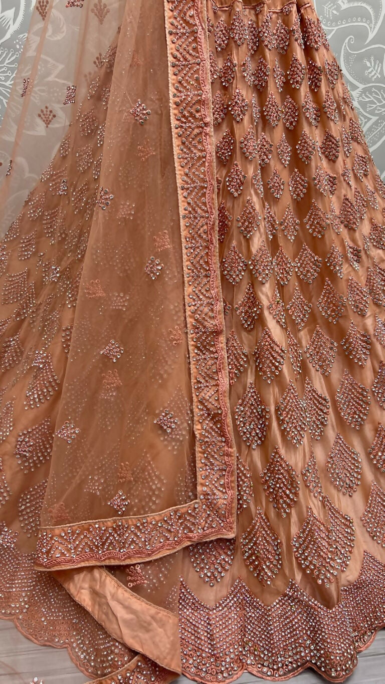 Jyoti Fashion Women's Peach Bridal Net Fancy Dori & Multi Thread Embroidered with Zircon Diamond Work Wedding Lehenga Choli