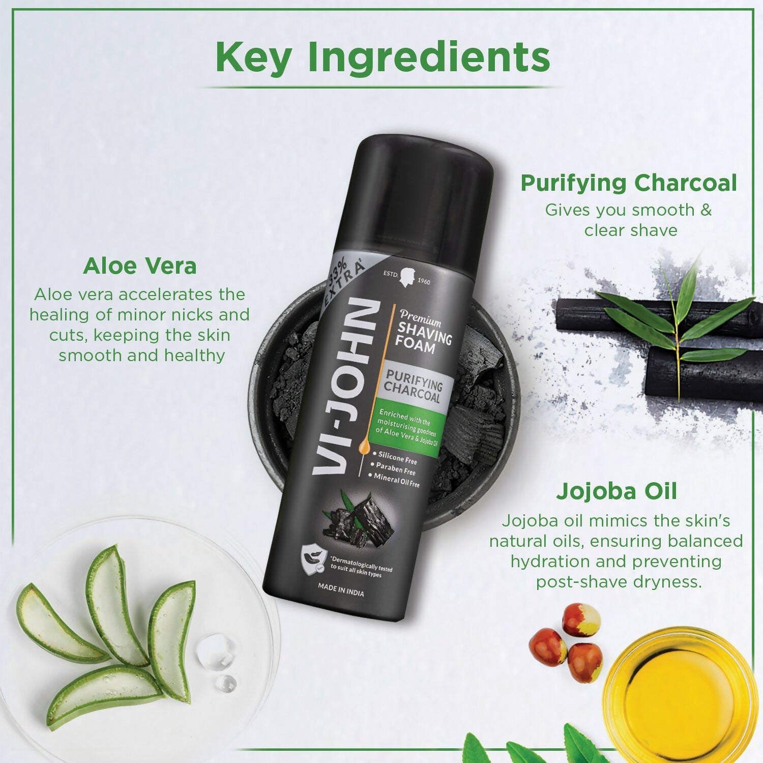VI-JOHN Dermatologically Tested Premium Purifying Charcoal Shaving Foam Enriched with Aloevera & Jojoba Oil Free From Silicone, Paraben & Mineral Oil - Distacart
