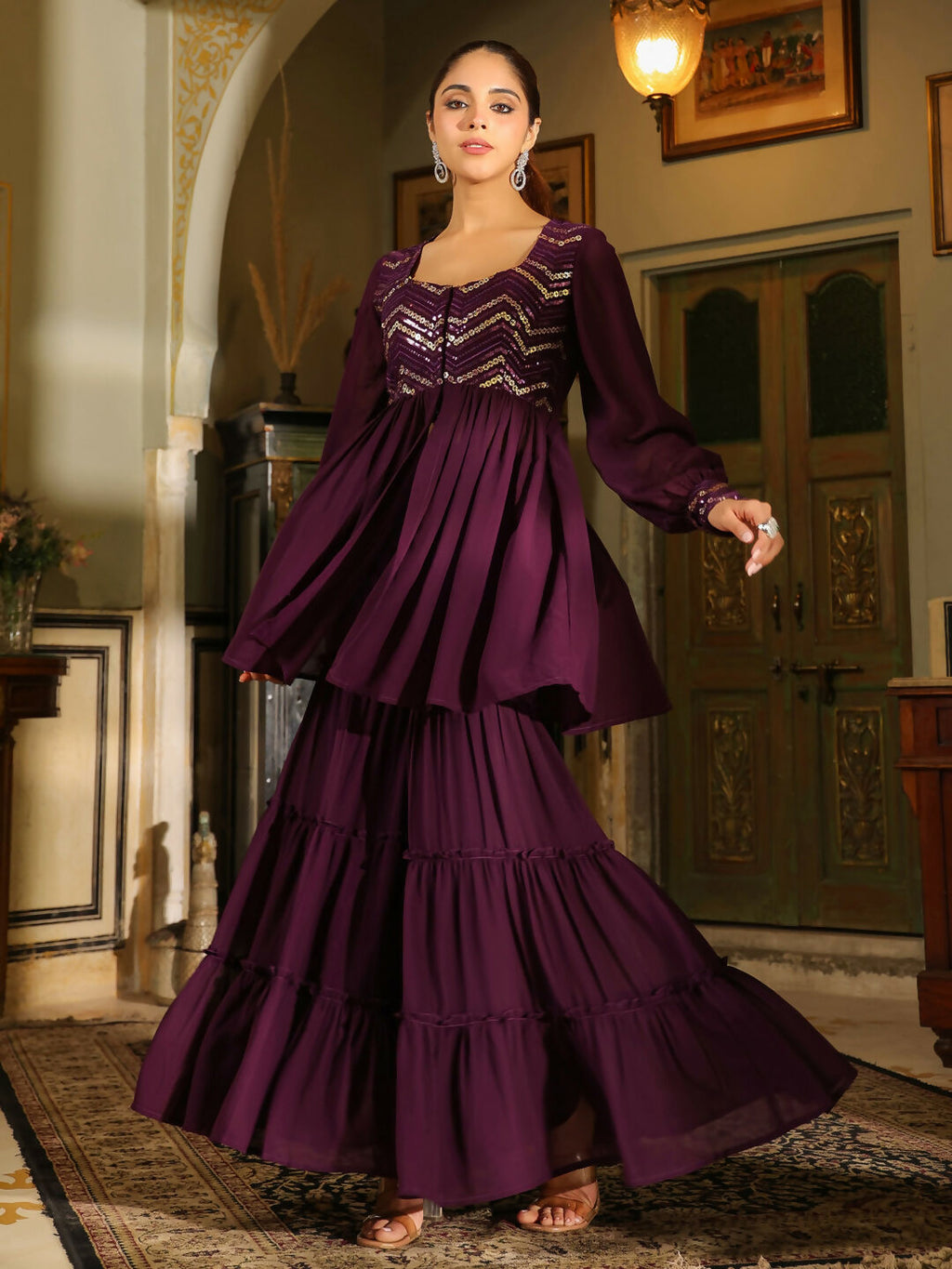 Janasya Purple Georgette Sequined Tunic & Bottom