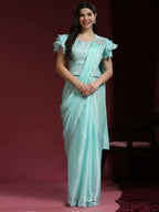 Light Blue Silk Satin Sequence Work Ready to Wear Saree with stitched Blouse - Nirvana
