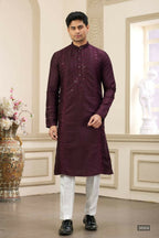 Raivat Ethnic Banarasi Art Silk Thread and Mirror Work Kurta Pajama In Wine Colour