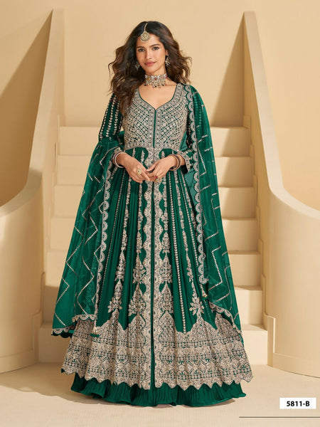 Anaita D Green Chinon Readymade Anarkali Lehenga with Heavy Embroidery Work