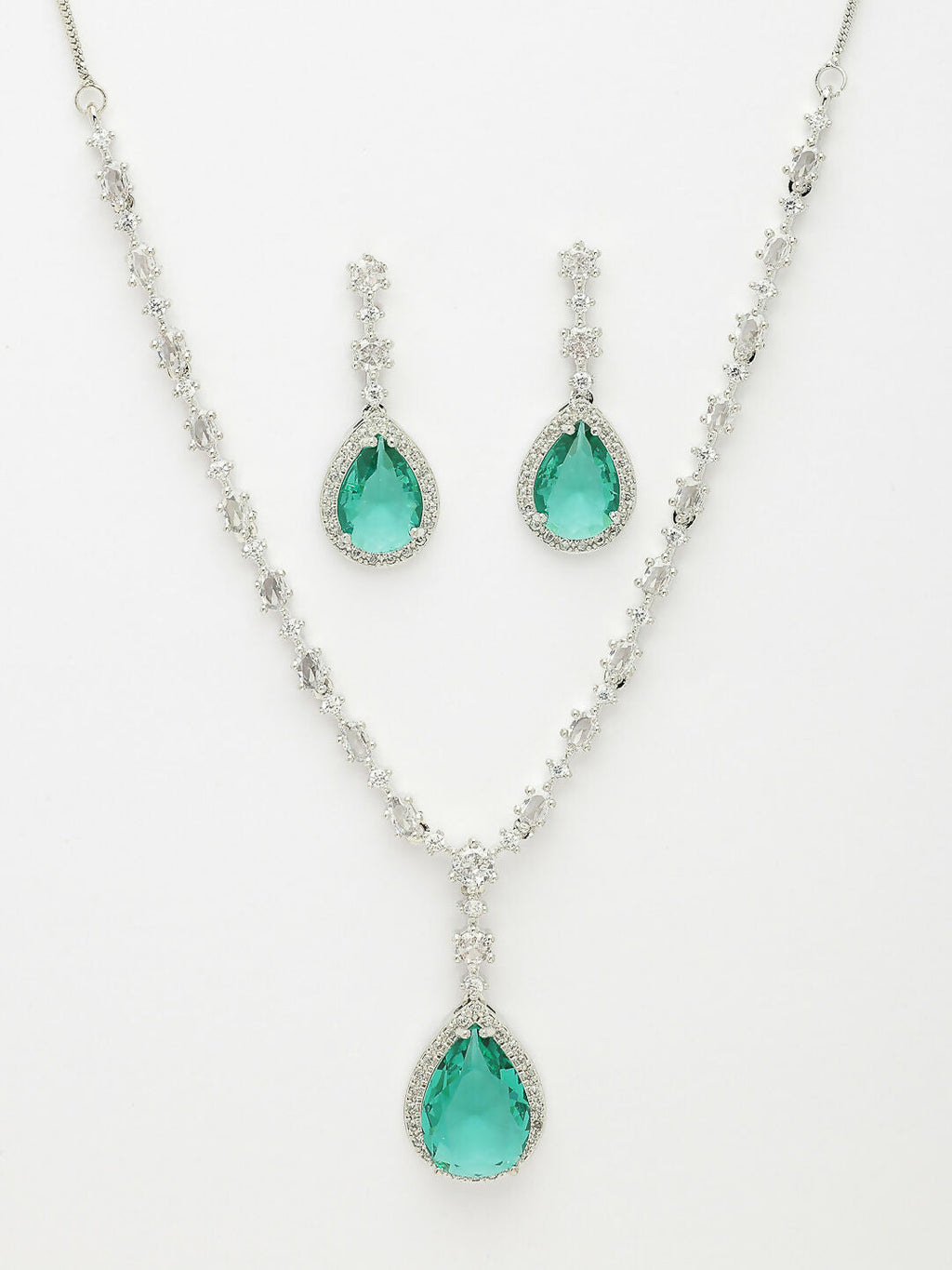 NVR Women's Silver-Plated Green American Diamond-Studded Handcrafted Jewellery Set