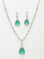 NVR Women's Silver-Plated Green American Diamond-Studded Handcrafted Jewellery Set
