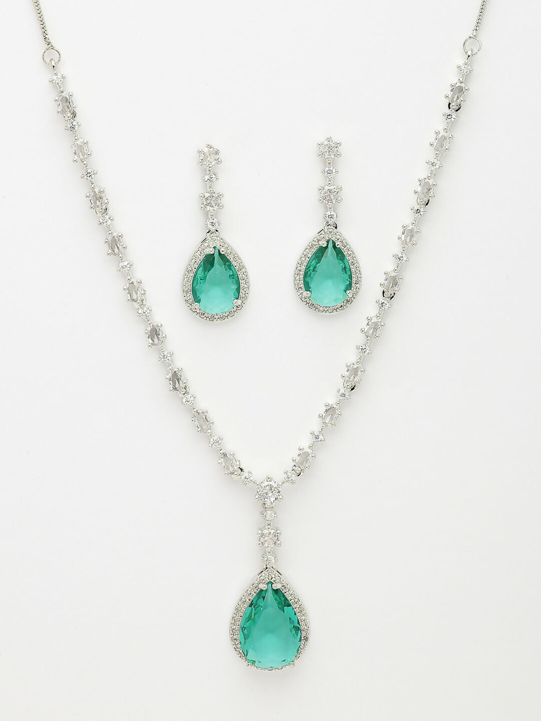 NVR Women's Silver-Plated Green American Diamond-Studded Handcrafted Jewellery Set